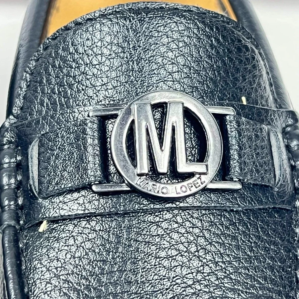 EUC Mario Lopez Hogan Black Loafers Shoes Metal ML Logo Memory Foam Boys 12M
